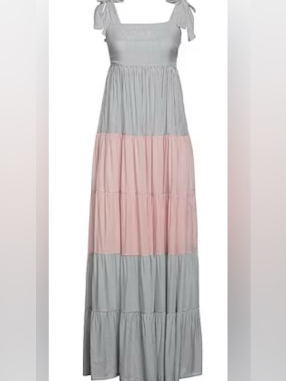 SOALLURE Gray & Blush Mini Stripe Tiered Maxi Sundress with Tie Straps: Size 6